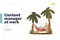 Content manager at work concept of landing page with young girl typing on laptop lying in hammock