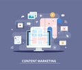 Content Marketing, Blogging and SMM concept in flat design. The blog page fill out with content. articles and media Royalty Free Stock Photo