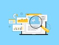 Content marketing dashboard visualizes analytics, performance metrics and engagement data. Tracking content strategy