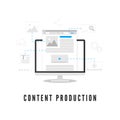 Content production. Blogging or news creating. Website development on PC screen from different elements. Vector illustration