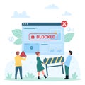 Content restriction, IP blocking by tiny people holding exclamation mark and block