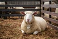 Content sheep contentedly resting in corral on farm premises