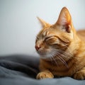 Contented feline orange cat lying down, focused on copy space
