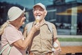 Contented man eating dessert from his wife hand Royalty Free Stock Photo