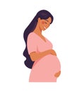 A contented pregnant woman in a pink dress tenderly holds her belly, a moment of maternal bonding and anticipation. Flat