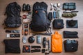 The contents of backpack laid out on table with backpack and other items. Generative AI Royalty Free Stock Photo