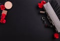 Contents of female handbag including jewellery and cosmetics Royalty Free Stock Photo