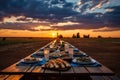 Harvest Bounty Celebration. sunset. Sunrise. Prosperous farm concept. rustic wood table. Royalty Free Stock Photo