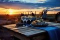 Rural Bounty Feast. sunset. Sunrise. Prosperous farm concept. rustic wood table. Royalty Free Stock Photo