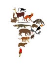 Continent map Southern America vector illustration with wild animals.