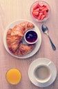 Continental Breakfast - coffee, croissant with jam, strawberries Royalty Free Stock Photo