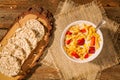 Continental breakfast with cornflakes, strawberries, rice crackers and a cup of milk Royalty Free Stock Photo