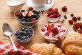 Continental breakfast with croissants and berries on natural wood