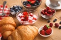 Continental breakfast with croissants and berries on natural wood