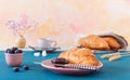 Continental breakfast with croissants, fruits, jam and coffee Royalty Free Stock Photo