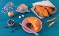 Continental breakfast with croissants, fruits, jam and coffee Royalty Free Stock Photo
