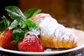 Continental breakfast with fresh croissants, orange juice and coffee, selective focuse. Royalty Free Stock Photo