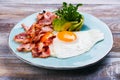 Continental breakfast with fried eggs, bacon and avokado Royalty Free Stock Photo