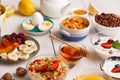 Continental breakfast menu on woden table Royalty Free Stock Photo