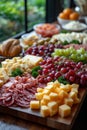 A continental breakfast with a variety of fruits, cheeses, cold cuts and bread on a vibrant spread - a wholesome morning meal Royalty Free Stock Photo