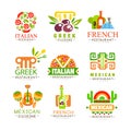 Continental cuisine logo design set, Italian, Greek, French, Japanese, Mexican authentic traditional continental food Royalty Free Stock Photo