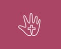 Continue line art of hand holding a Christian cross. Universal religion, faith, holy vector sign symbol logotype.