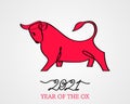 Continuous drawing of the bull symbol of 2021. greeting card drawn in one line. Royalty Free Stock Photo