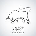 Continuous drawing of the bull symbol of 2021. greeting card drawn in one line. Royalty Free Stock Photo