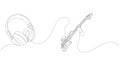 Continuous drawing of headphones and guitar player. Listening to music concept. Vector illustration.
