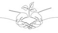 Continuous drawing line art of sprout in hands. Hand drawn one line