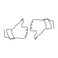 Continuous drawing. Thumbs up and down. Icons of the Like and dislike lines. Illustration with one line. Royalty Free Stock Photo