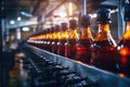 A continuous flow of bottles of beer on a conveyor belt showcasing the automated manufacturing process, Process of beverage
