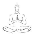 Continuous graphic drawing of one line. The meditating man sits in the lotus position. The concept of yoga, peace of mind,