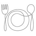 Continuous line art, doodle. Contour Cutlery Background. Kitchen utensils, tableware. One Line Drawing. Plate, fork