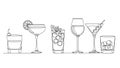 Continuous line art drawing of various cocktail glasses for different drinks Royalty Free Stock Photo