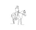 Continuous line art drawing of woman riding horse. Minimalist black jockey outline design. editable active stroke vector