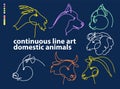 Continuous line art, hand drawn domestic animals head set. Royalty Free Stock Photo