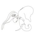 Continuous line art or One Line Drawing. African woman and elephant vector illustration, ÃÂ½uman and animal friendship concept. Royalty Free Stock Photo
