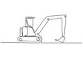 Continuous line art or one line drawing of construction backhoe vehicle. Heavy construction machinery concept. Excavator work