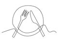 Continuous line art or One Line Drawing of plate, khife and fork. linear style and Hand drawn Vector illustrations