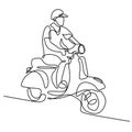 Continuous line art or one line drawing of young man riding vespa motorcycle. A male bikes classical scooter matic isolated on