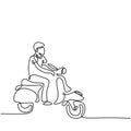 Continuous line art or one line drawing of young man riding vespa motorcycle. A male bikes classical scooter matic isolated on