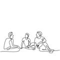 Continuous line art silhouette of three men at a small table. Teenager young male group having good time at cafe. A company of