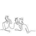 Continuous line art silhouette of three men at a small table. Teenager young male group having good time at cafe. A company of