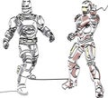 Continuous Line art superheroes in armor toys posting standing together