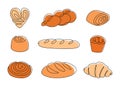 Continuous line bakery. One line bread, pretzel, croissant, baguette, bagel, muffin, loaf, cinnamon roll. Vector baked