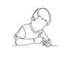 Continuous line of boy sitting and playing happily to plastic construction