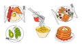 Continuous line breakfast. One line morning food, avocado sandwich, English breakfast and fried eggs. Vector monoline