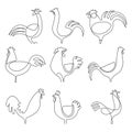 Continuous line chicken vector set