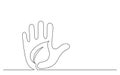 Continuous line concept sketch drawing of human hand protecting green plant